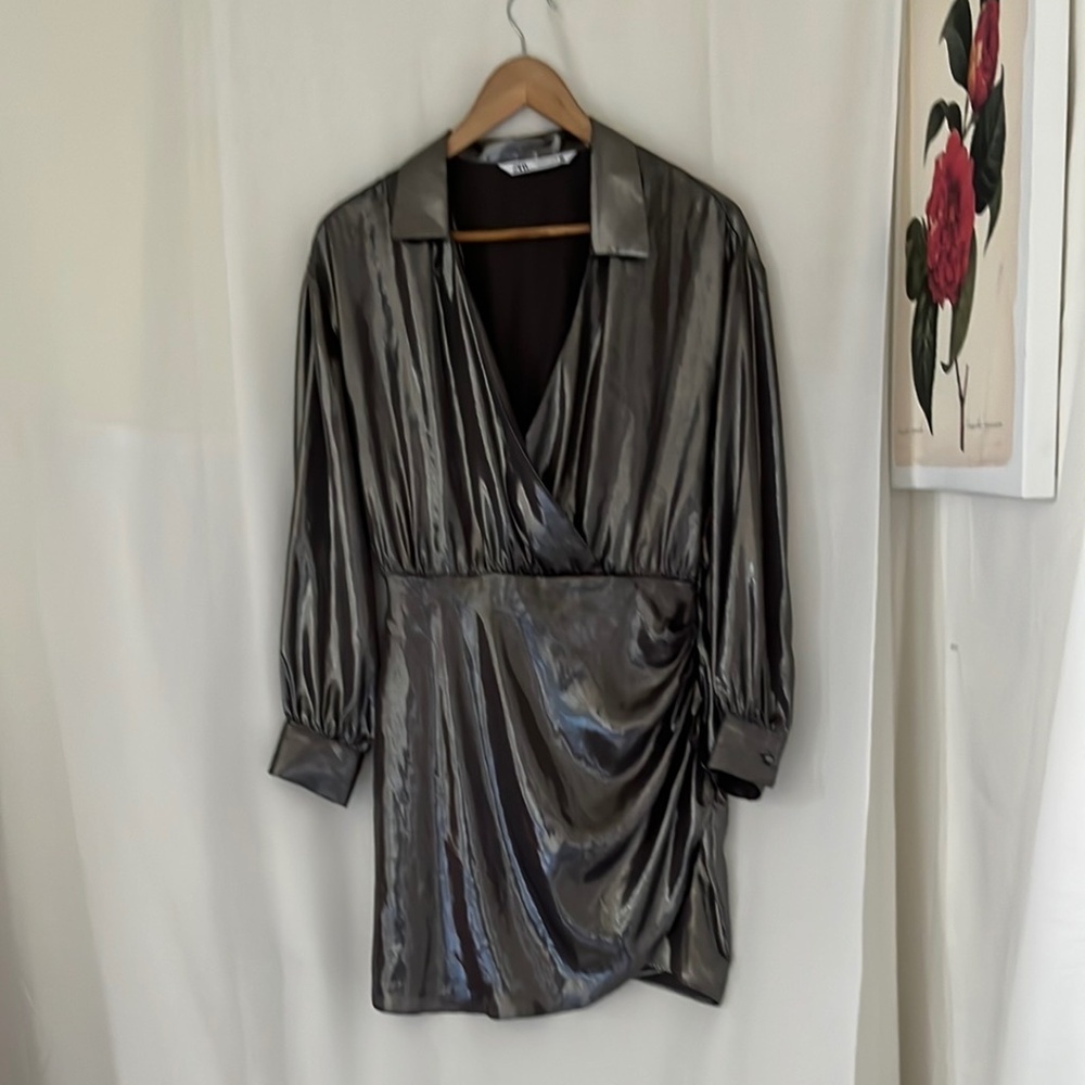 Zara Shiny Sliver Sheer Long Sleeve Faux Wrap Dress a230